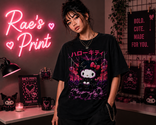 Goth Hello Kitty Graphic Tee — Dark Kawaii Aesthetic T-Shirt
