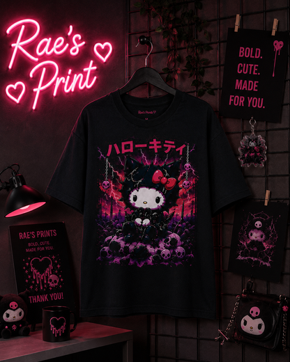 Goth Hello Kitty Graphic Tee — Dark Kawaii Aesthetic T-Shirt