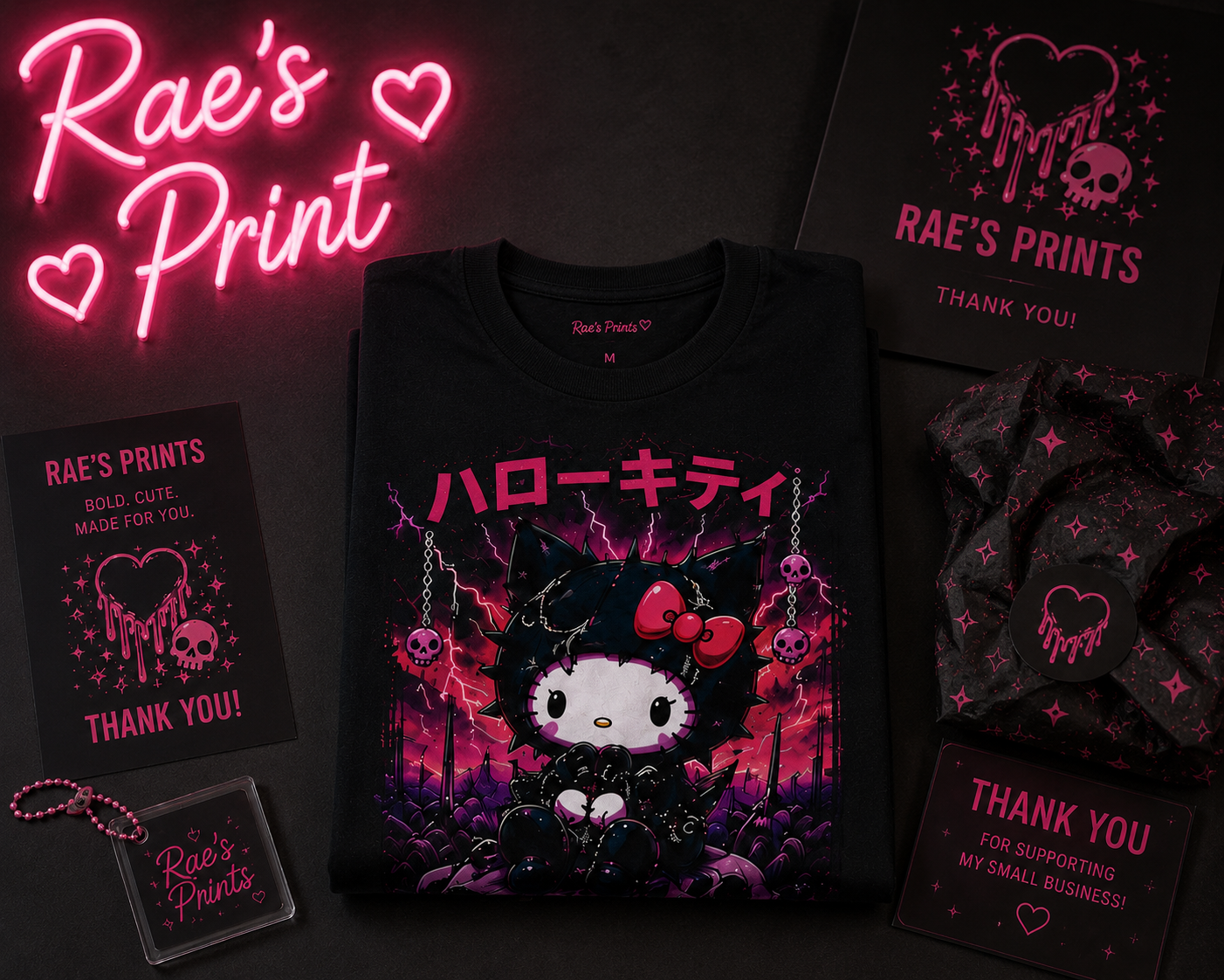 Goth Hello Kitty Graphic Tee — Dark Kawaii Aesthetic T-Shirt