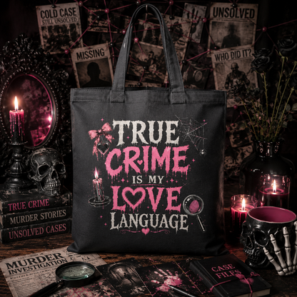 True Crime Tote Bag — Obsessed with Murder Mysteries Graphic