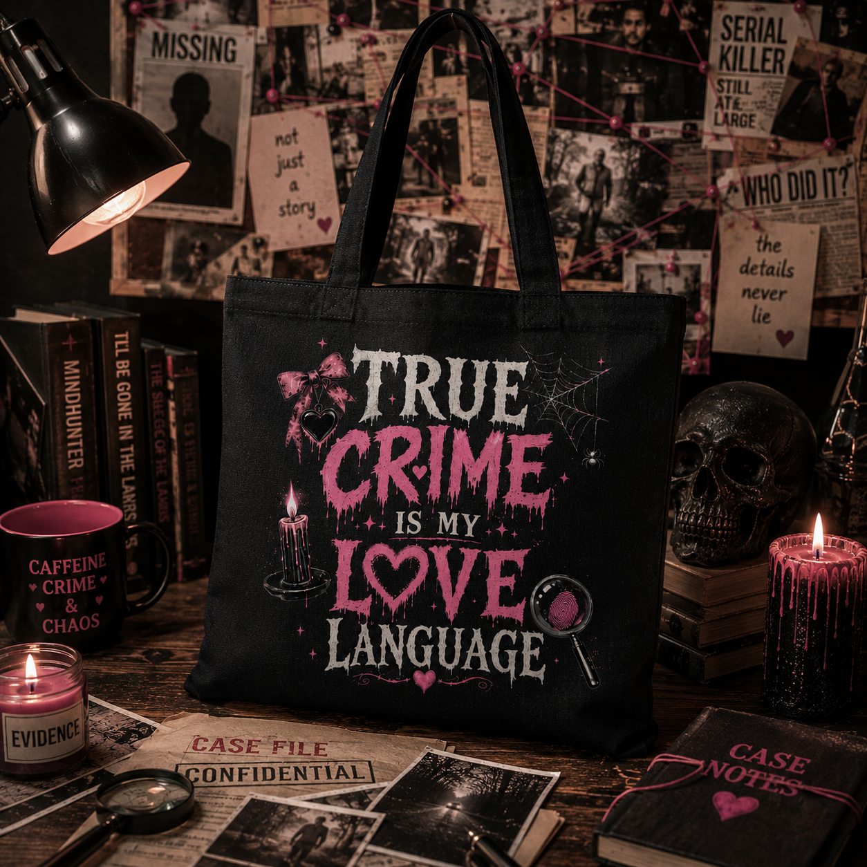 True Crime Tote Bag — Obsessed with Murder Mysteries Graphic
