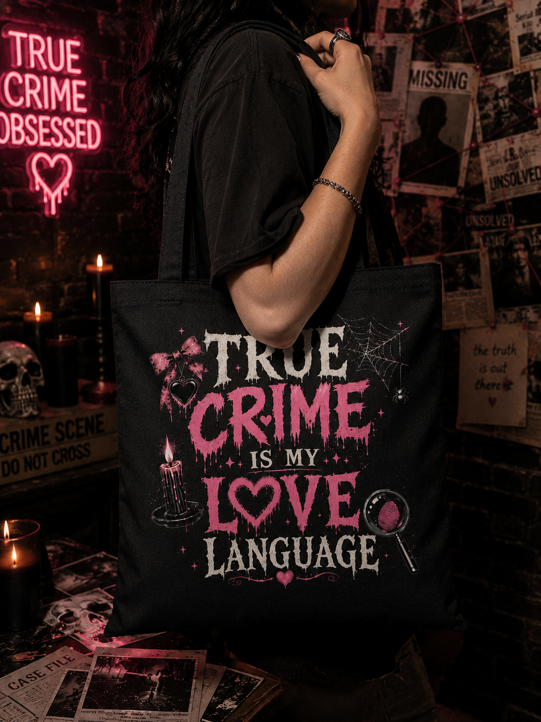 True Crime Tote Bag — Obsessed with Murder Mysteries Graphic