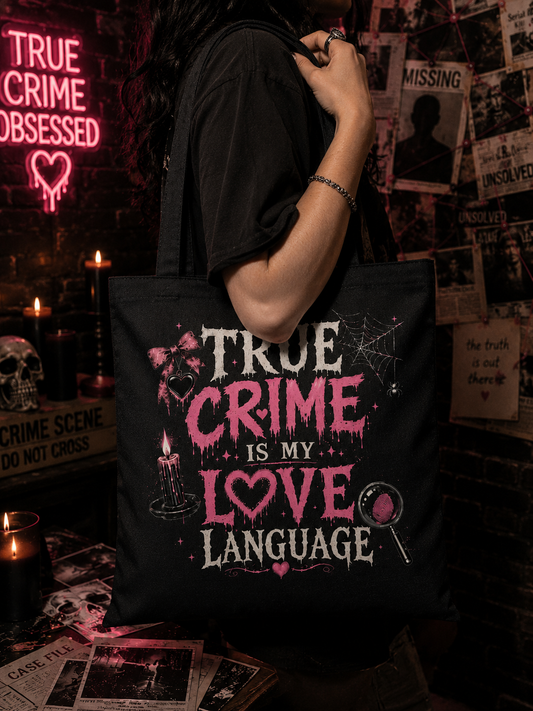True Crime Tote Bag — Obsessed with Murder Mysteries Graphic
